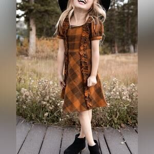 Ivy City Co Mini Kimball Plaid Dress Ruffles Short Sleeves Brown Black 6-7T
